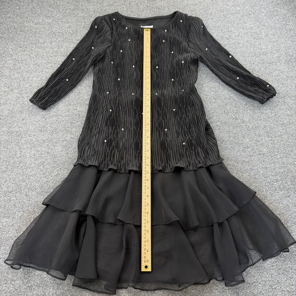 After Dark Vintage Black Crinkle Beaded Dress 9/10 Long Sleeve Tiered Skirt USA - Picture 3 of 10